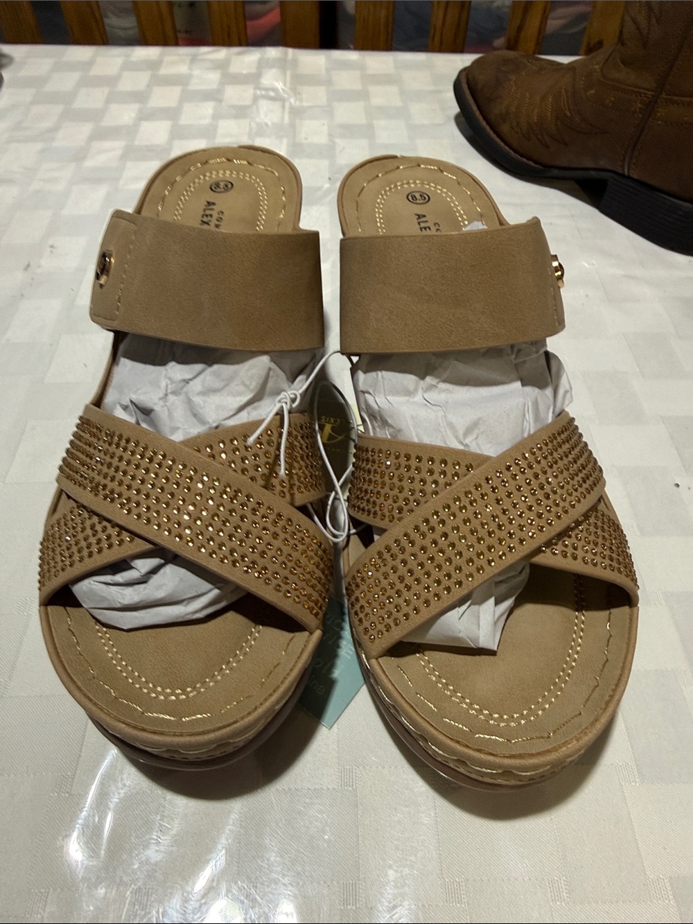 a new day Tan Crisscross Studded Slide Sandals